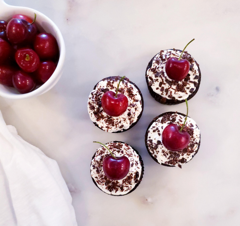 Functional Image black forest cupcakes and a bowl of bing cherries