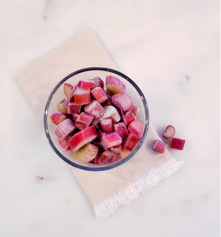 functional image diced cut rhubarb bowl linen napkin pink rhubarb muffins ingredient