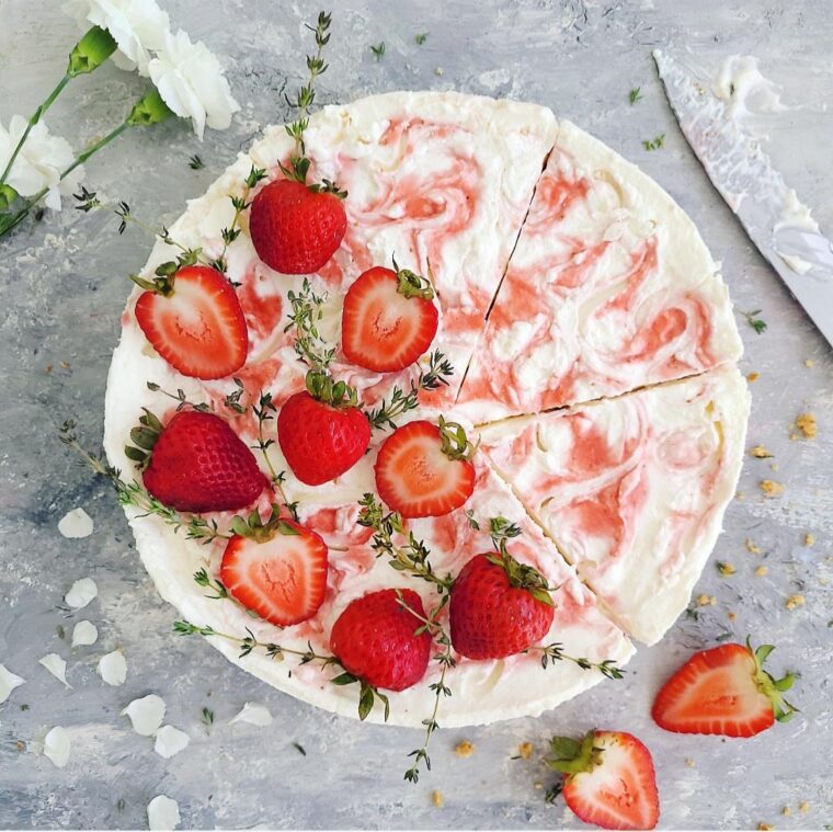 No Bake Strawberry Swirl Cheesecake with Pretzel Crust