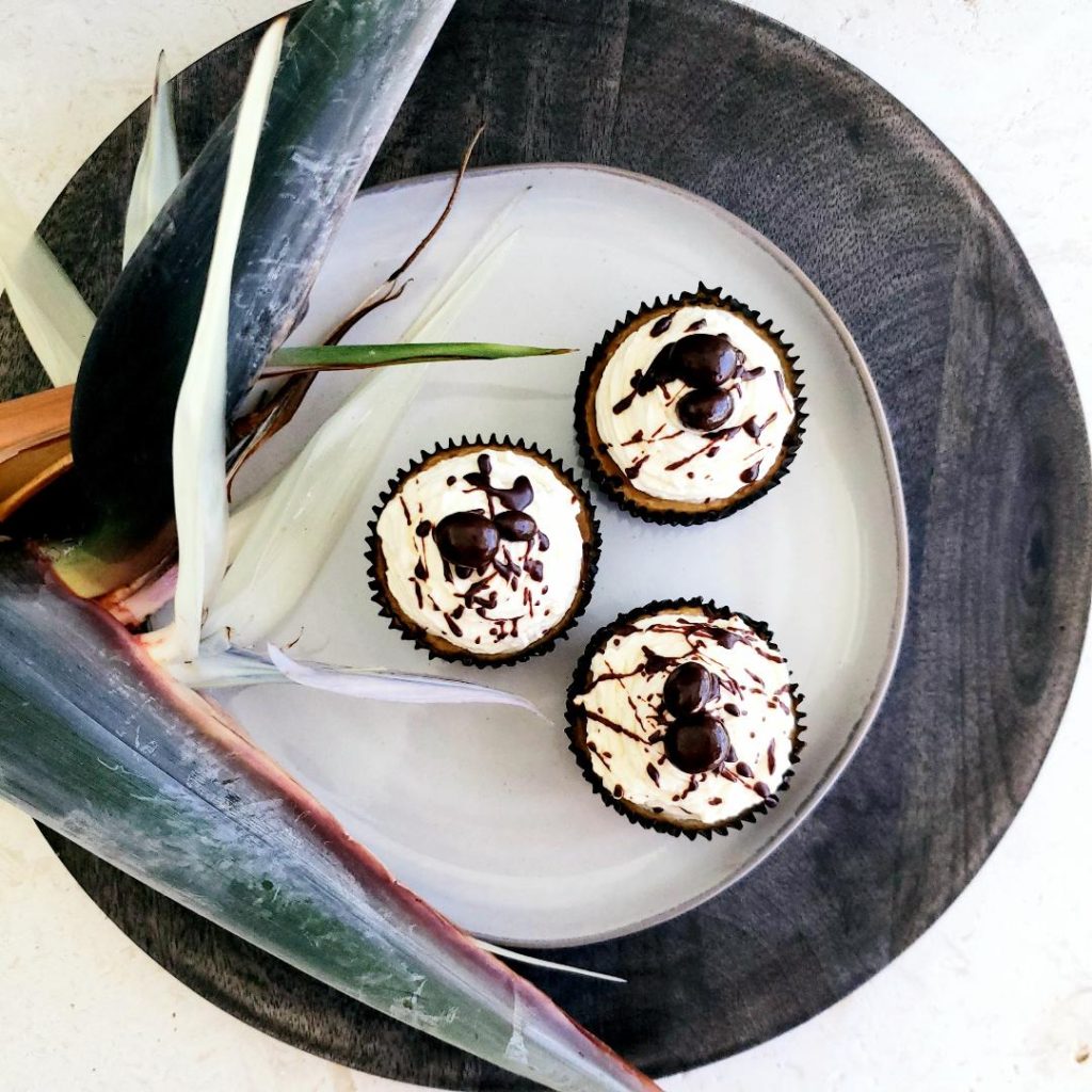 functional image mini baileys mocha cheesecake top down photo of three mini cheesecakes on a white plate that sits on a gray charger styled with a beautiful tropical bird of paradise flower mini cheesecakes have whipped cream and are drizzled with melted chocolate and are garnished with chocolate covered espresso beans