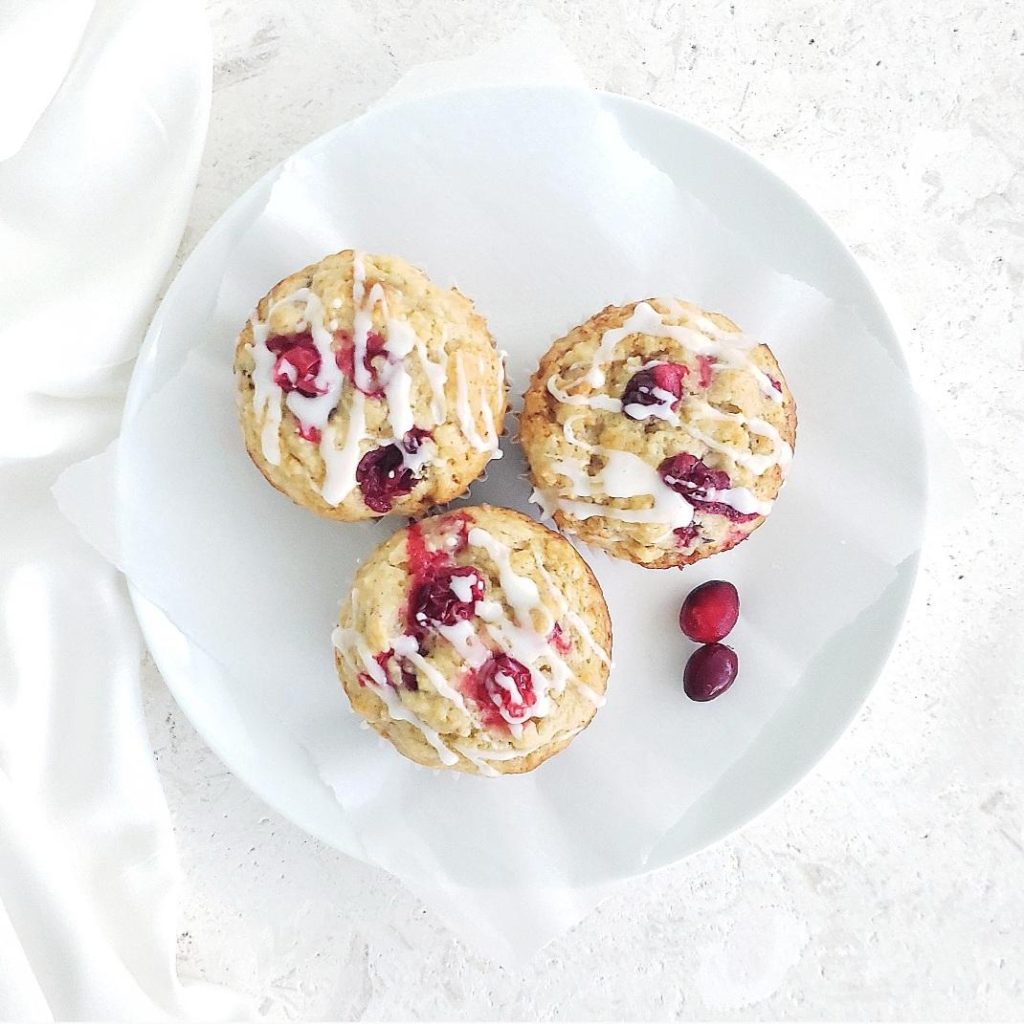functional image cranberry walnut muffins with sour cream top down photo three muffins on a plate
