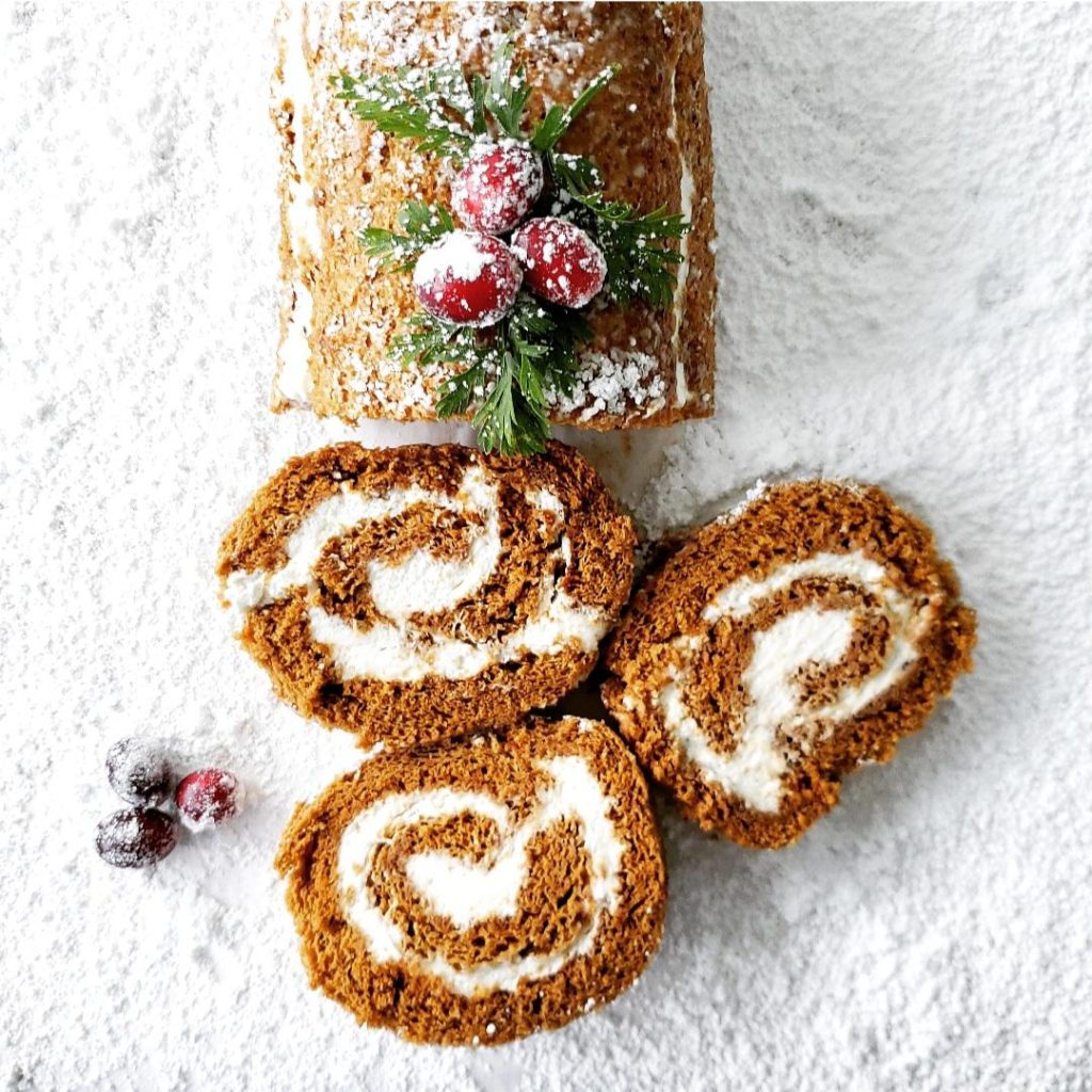 functional image gingerbread cake roll recipe with 3 slices cut 