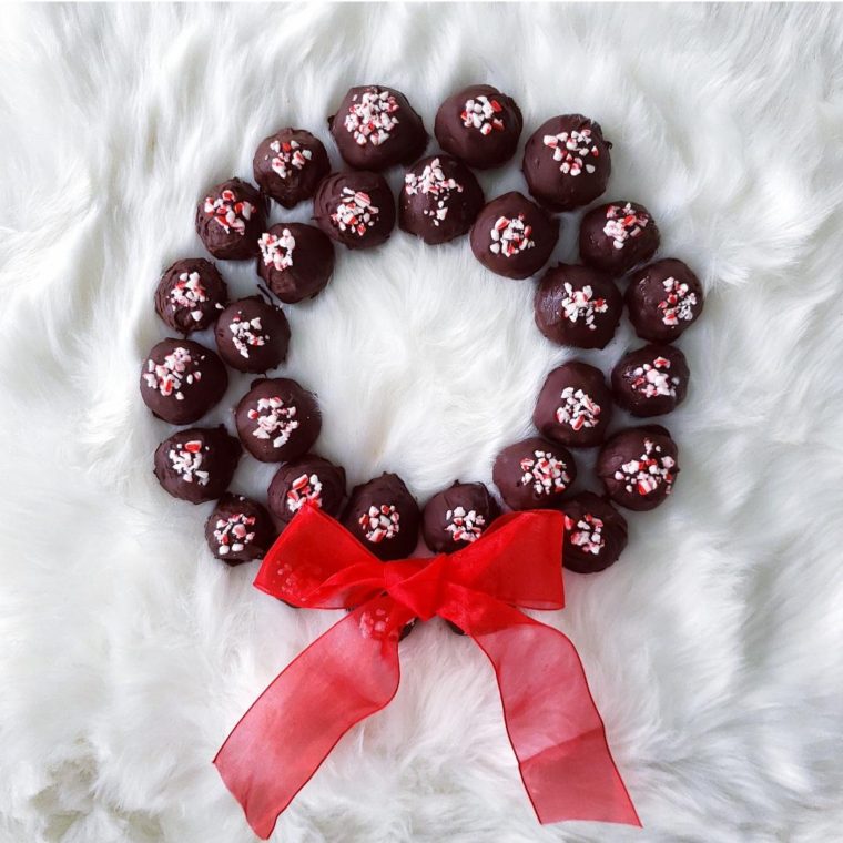 functional image peppermint schnapps truffle wreath with red bow and crushed candy canes christmas truffles chocolate truffles