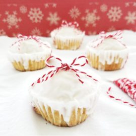 functional image eggnog muffins with eggnog glaze in a diamond pattern with red and white bakers twine