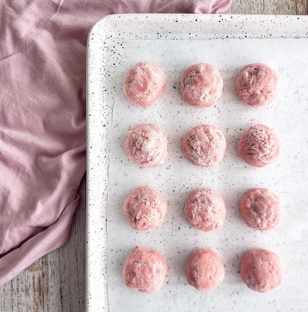 functional image pink velvet thumbprint cookies dough balls unbaked 
