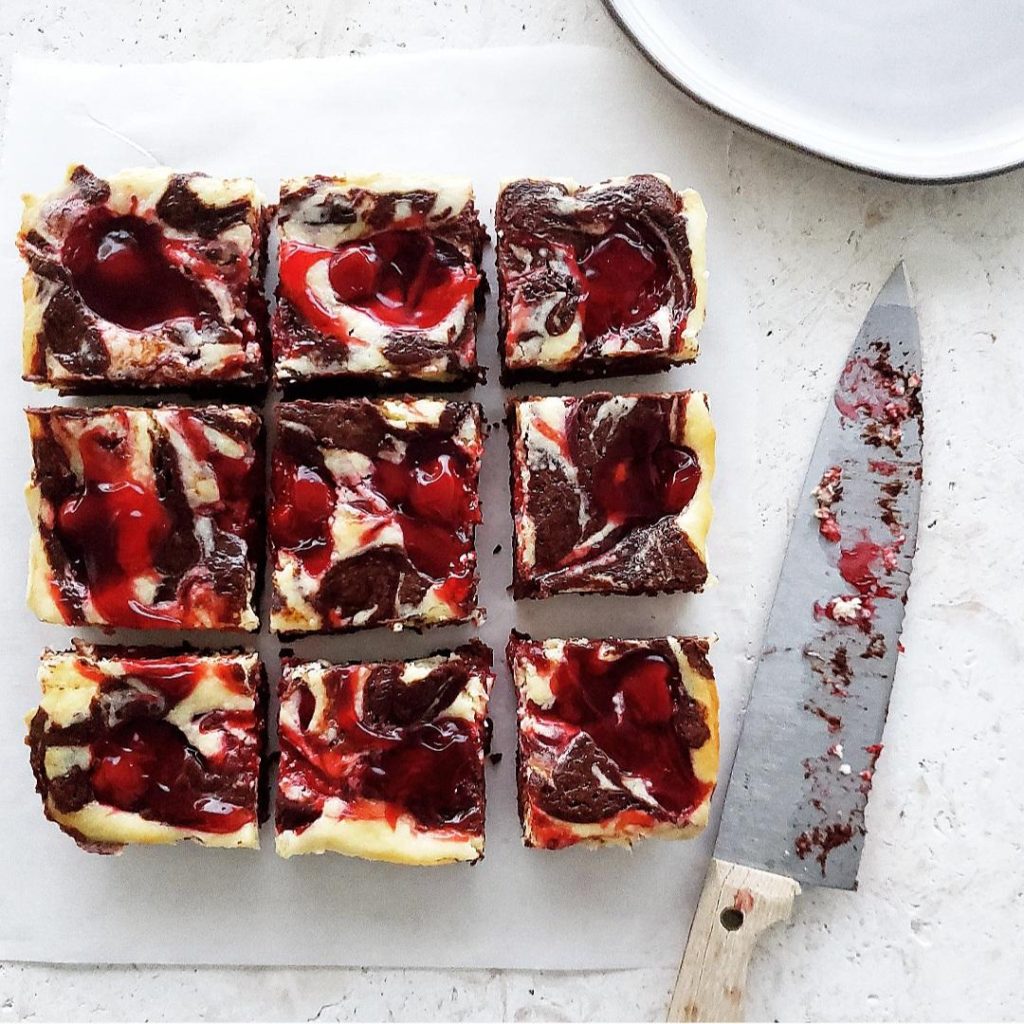 cheesecake brownies recipe small batch swirled cherry cheesecake brownies cut into squares with a dirty knife