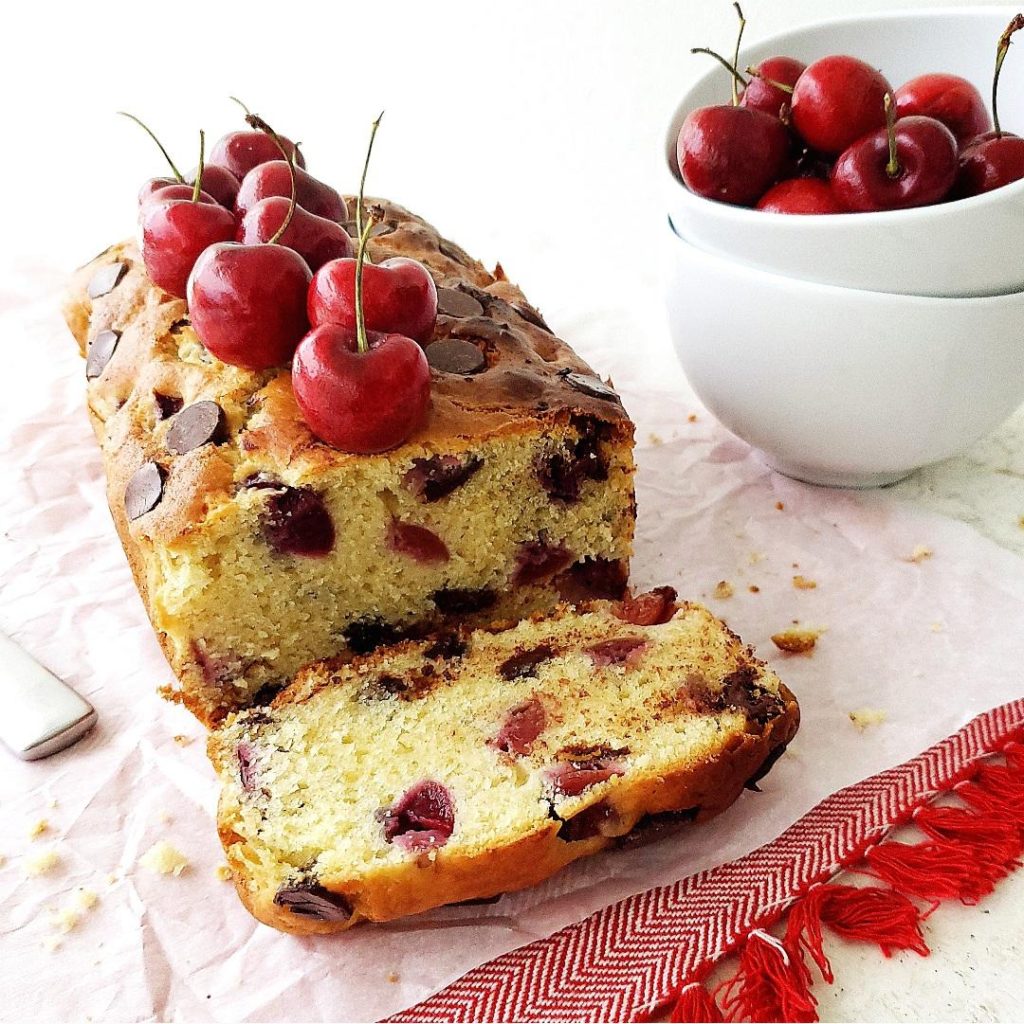 functional image cherry chocolate chip bread quick bread loaf fresh cherries bing cherries black cherries one slice