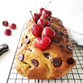functional image cherry chocolate chip bread quick bread loaf uncut with fresh bing black cherries