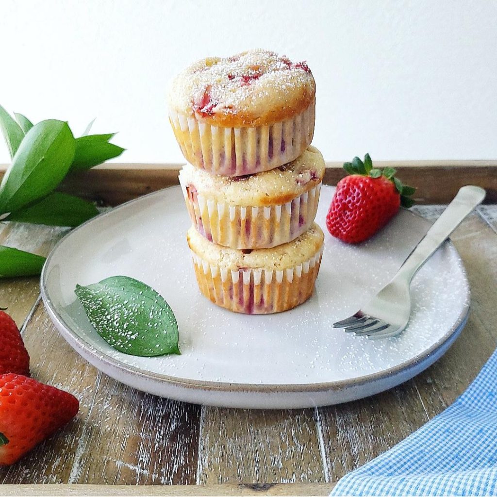 functional image strawberry shortcake muffins 3 stack with fresh strawberries