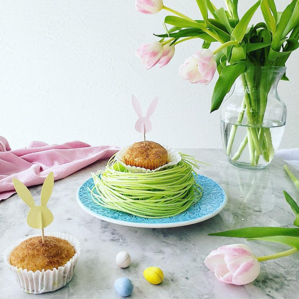 functional image cinnamon sugar easter  muffin donut muffin plated with edible grass