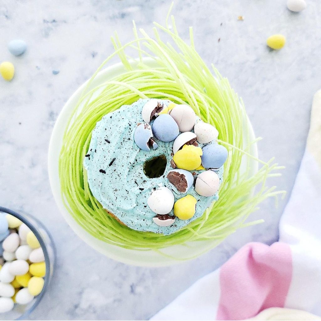functional image whiskey speckled easter donuts robins egg blue cadbury egg edible grass frosting
