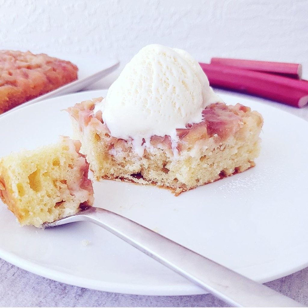 functional image rhubarb cake plated with ice cream