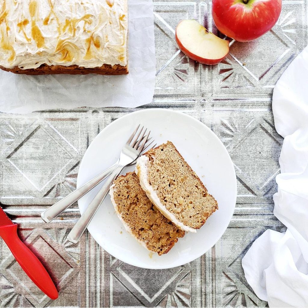 functional image apple bread cinnamon frosting plated slices of quick bread