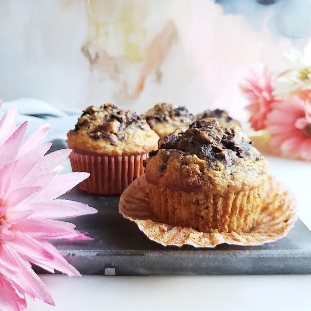 banana chocolate muffins with muffin liner removed
