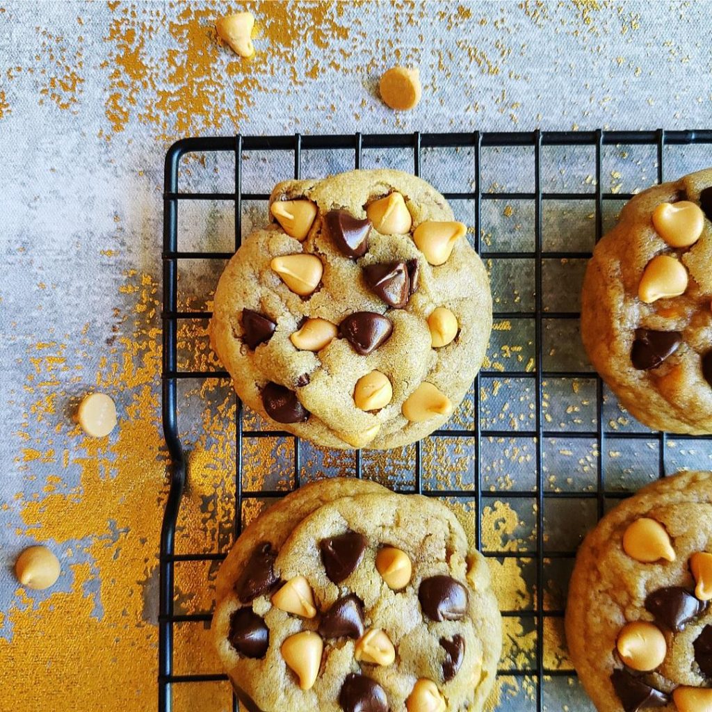 functional image chocolate chip butterscotch cookies top down on a baking rack