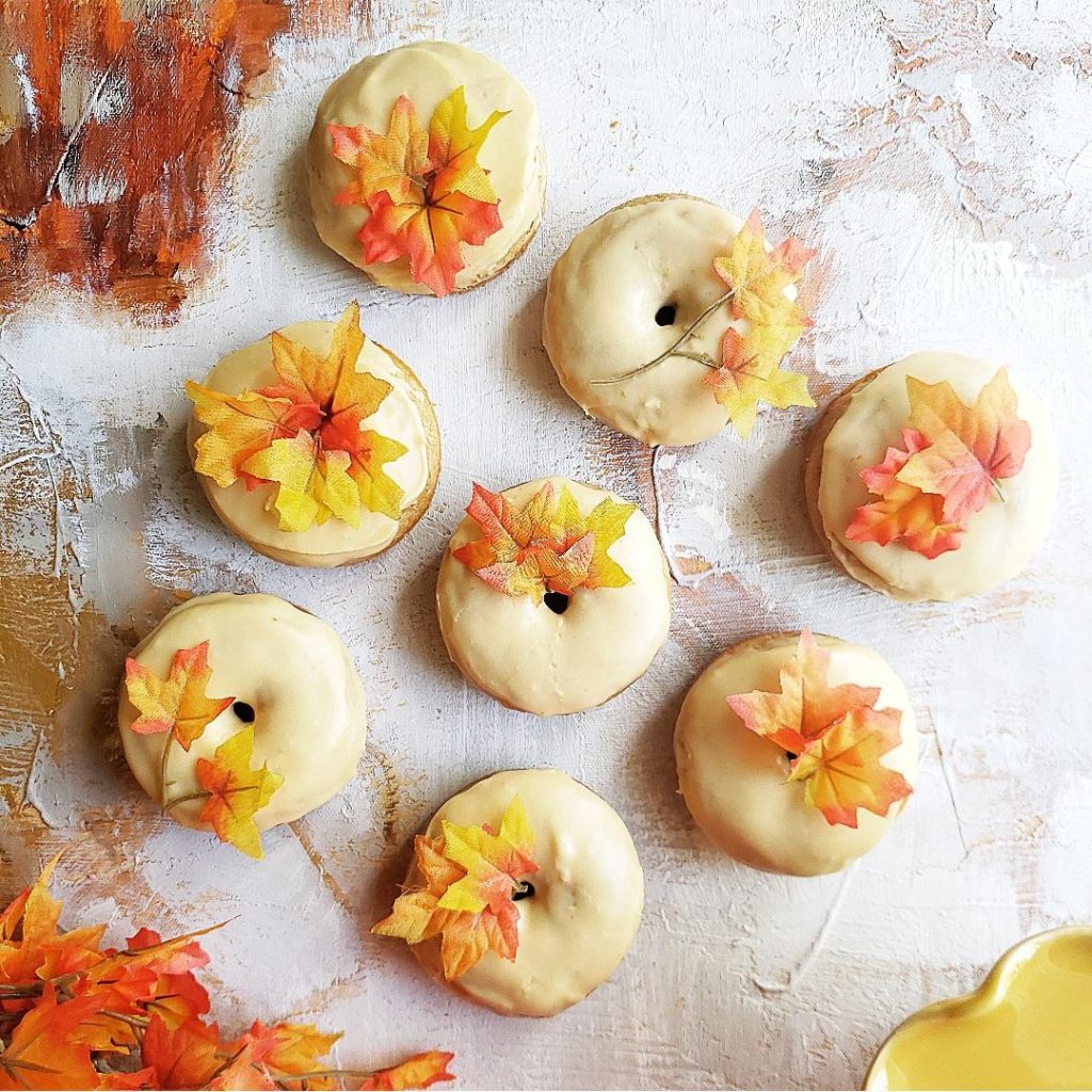 functional image maple donuts top down view with mini maple leaves