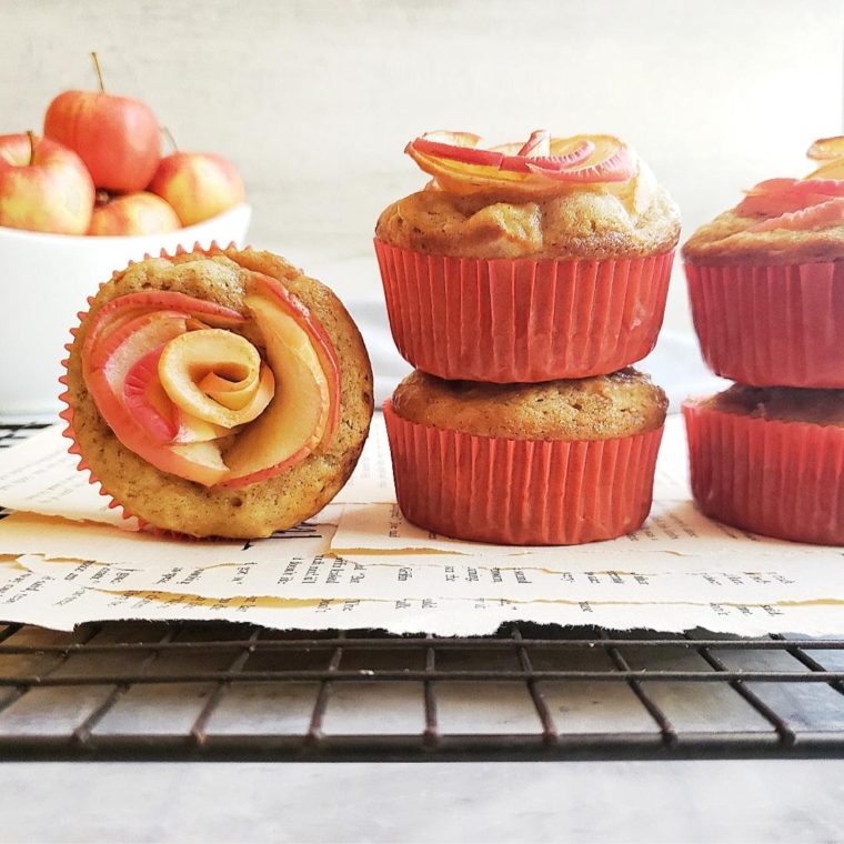 functional image apple cinnamon muffins side view with apple rose topper