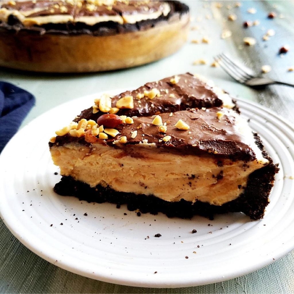 functional image frozen peanut butter pie two slices on a plate side view