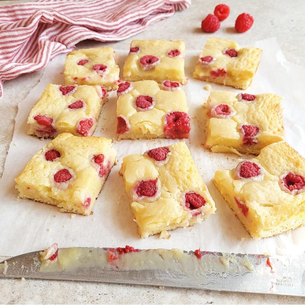 functional image raspberry white chocolate blondies cut into 9 squares