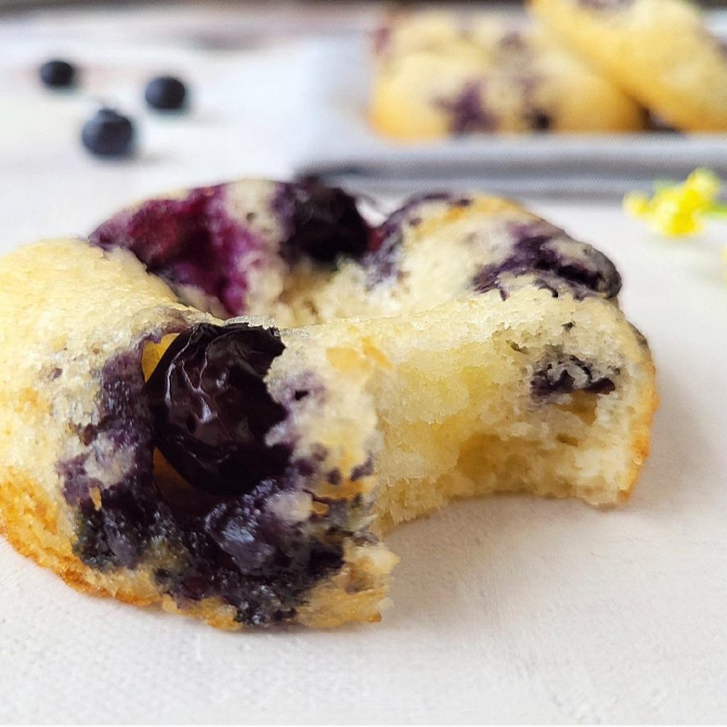 functional image blueberry donuts close of donut with bite missing so you can see crumbs fresh blueberries and yellow flowers in the background 
