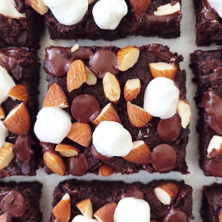 functional image rocky road brownies cut into squares top down zoomed in with mini marshmallows chopped almonds and chocolate chips