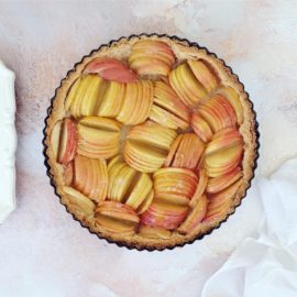 functional image apple tart top down sliced apples with skins on in a tart pan on a pink canvas uncut