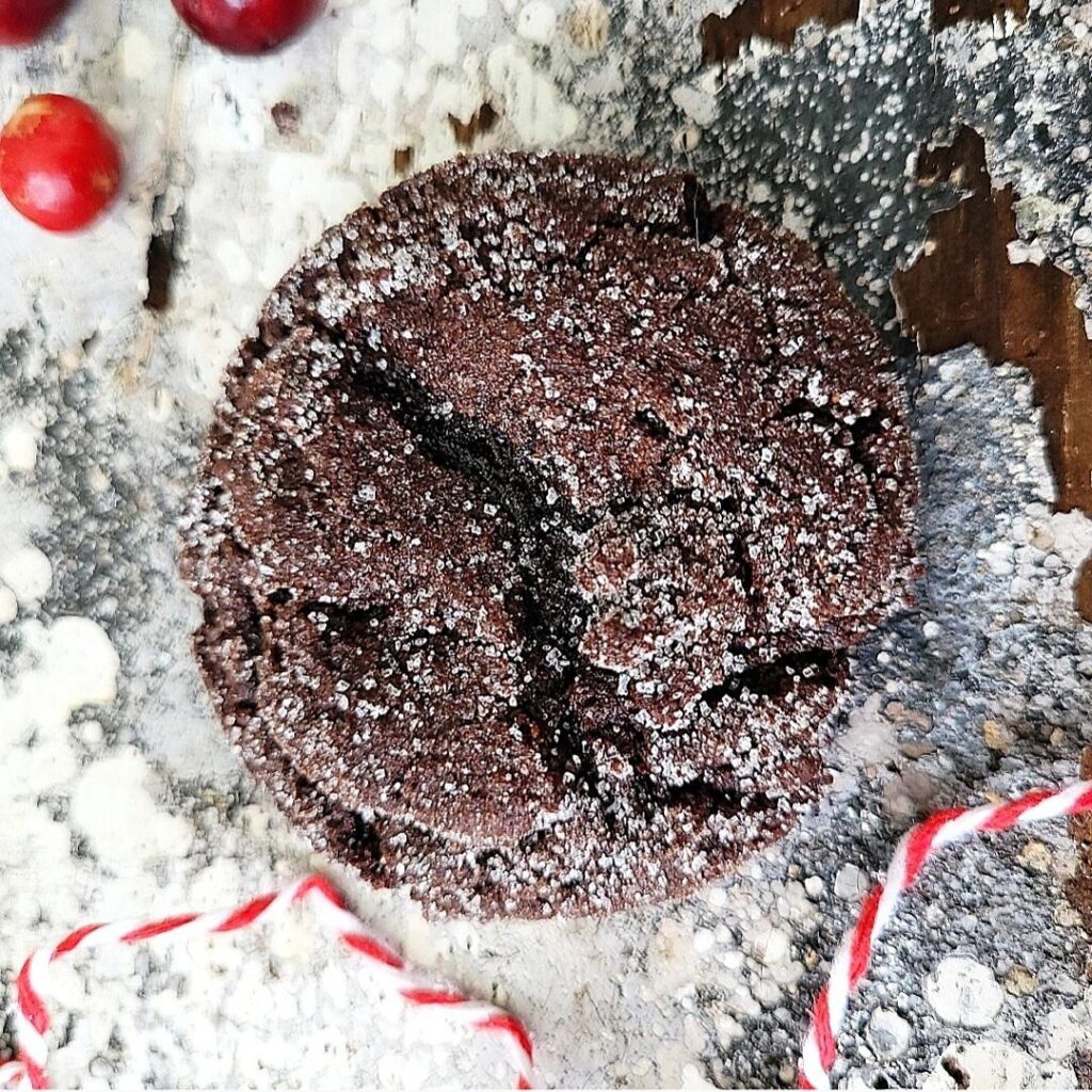 functional image chocolate molasses cookie sprinkled with sugar top down image of cookie closeup on a distressed gray, white, wood surface styled with red cranberries and red and white holiday twine
