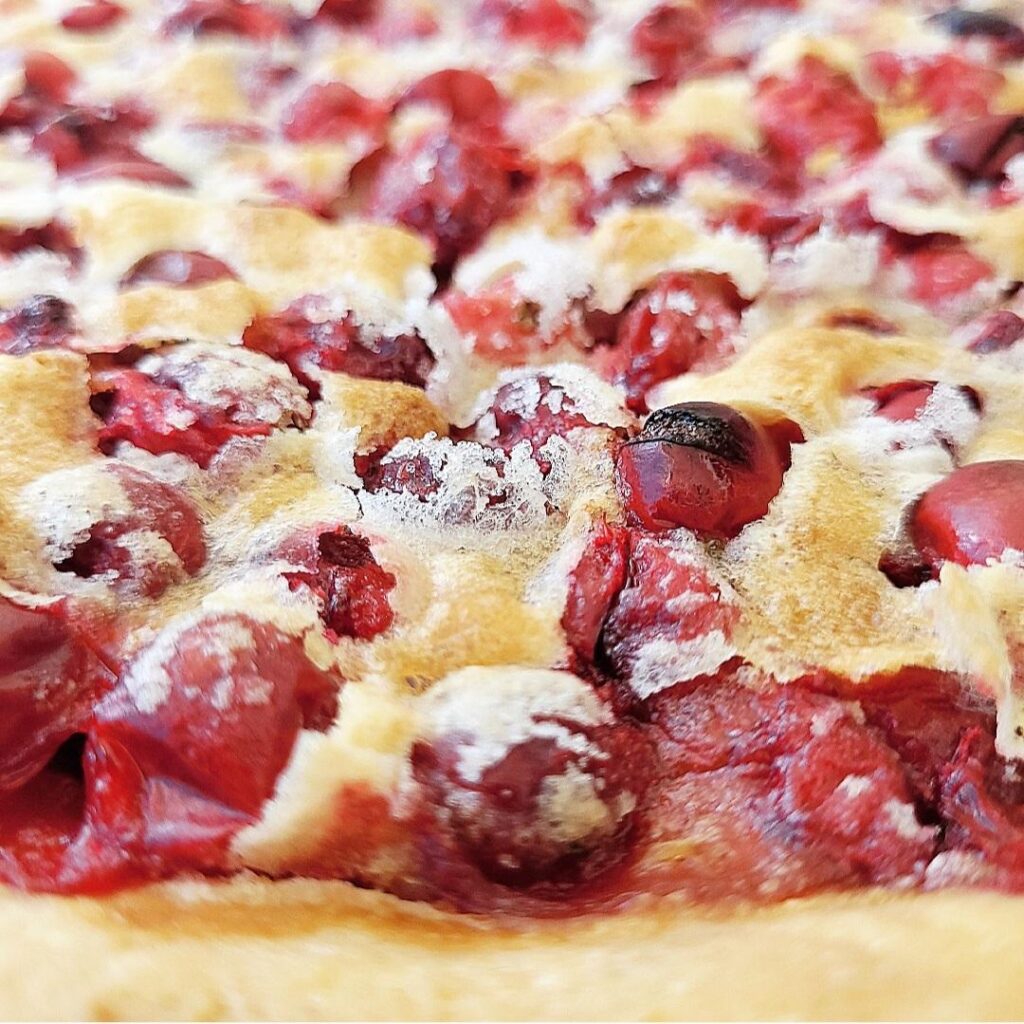 cranberry custard tart close up photo of the top of the pie to see cranberries and custard