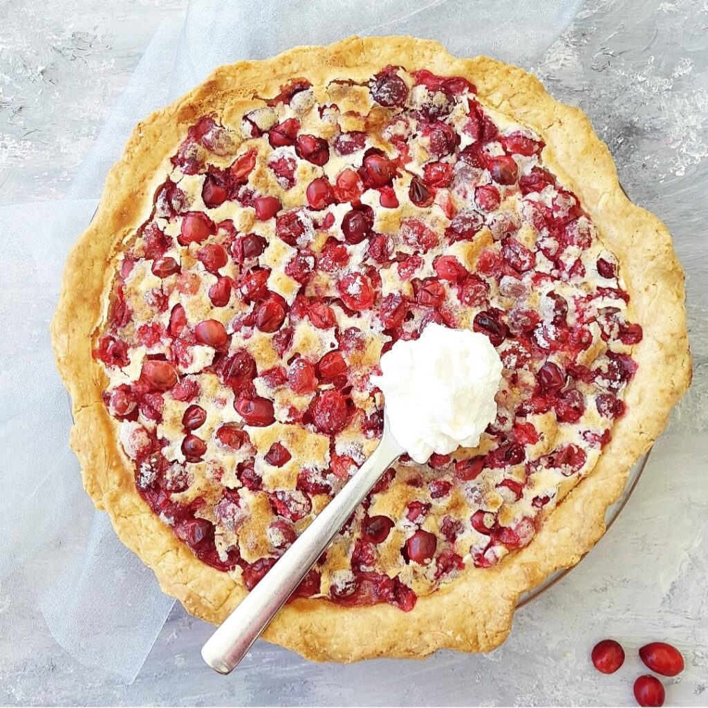 functional image cranberry custard pie top down with a spoonful of whipped cream resting on top