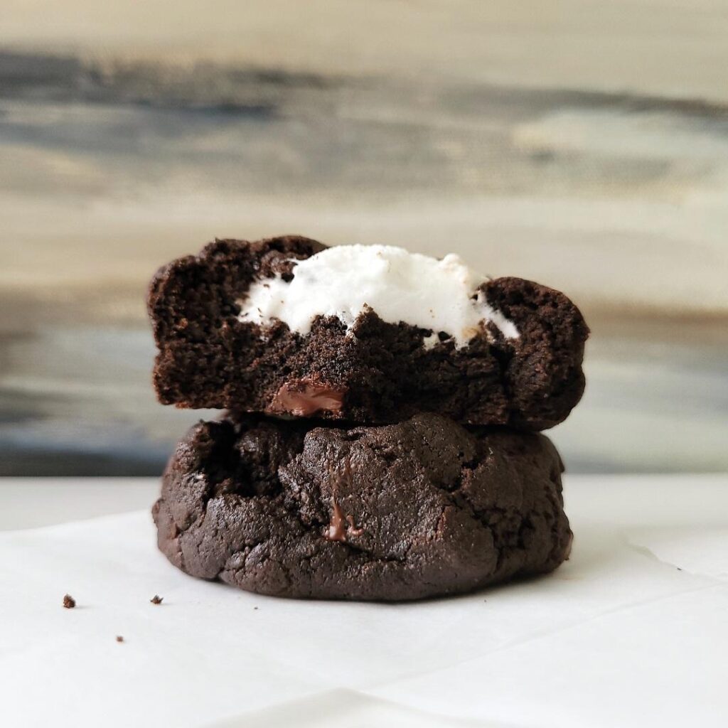 chocolate marshmallow cookies stacked 2 high. side view photo background is abstract browns gray tan and black. top cookie has been bitten in half so you can see a closeup of the chocolate crumb and gooey marshmallow topping