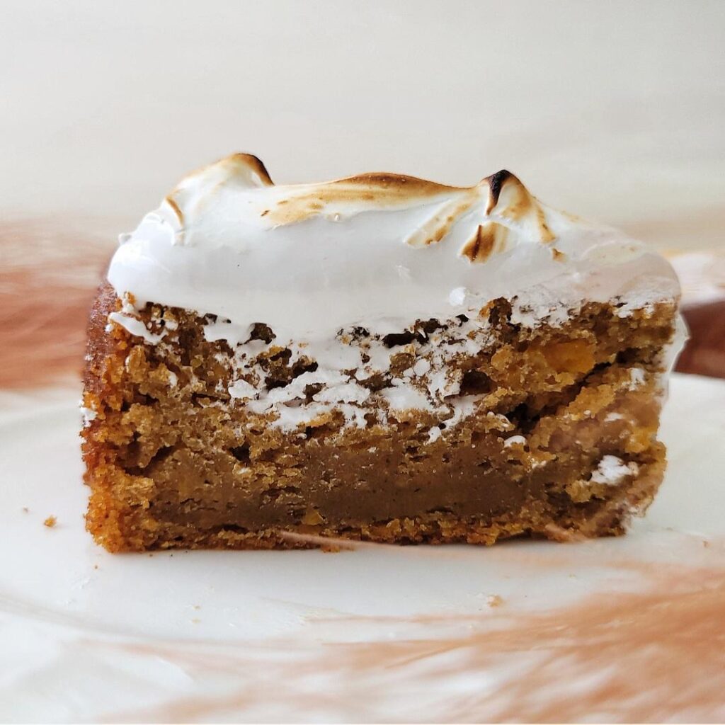 single slice of sweet potato sheet cake with toasted marshmallow frosting. close up side view. 