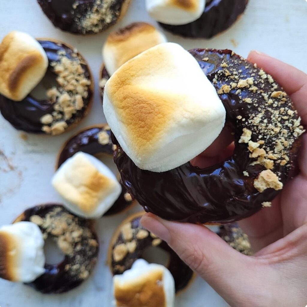 s'mores donuts. top down view of baked donuts topped with chocolate ganache, toasted marshmallows and graham cracker crumbs. 