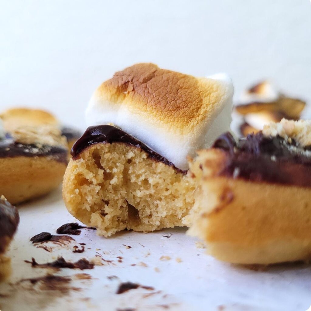 smore's donuts. side view of bitten donut topped with chocolate ganache and a gian toasted marshmallow. 