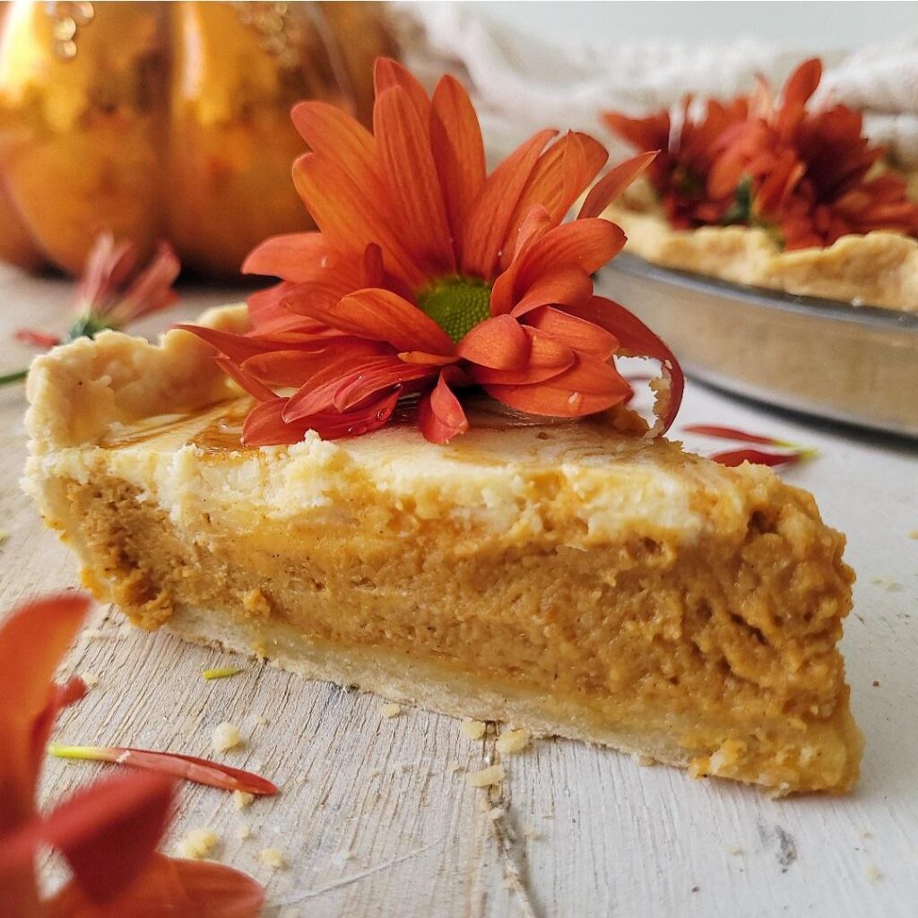 cream cheese pumpkin pie slice. side view of slice so you can see the layers of flaky crust, pumpkin pie and cream cheese swirl. pie is topped with a colorful fall flower.