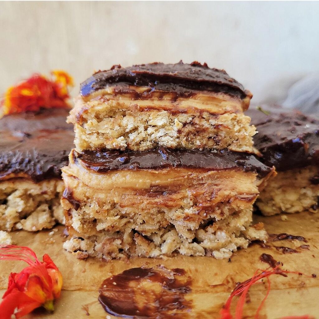 chocolate peanut butter oatmeal bars. side view of two cookie bars stacked on top of each other so you can see the three layers.