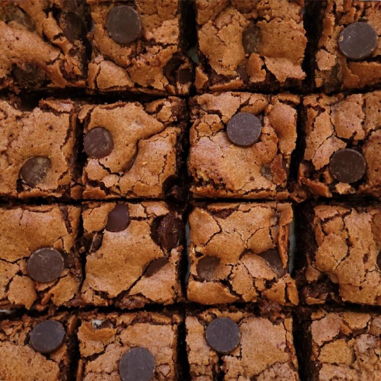 fudgy banana brownies with dark chocolate chips. top down view of brownies cut into 16 squares.