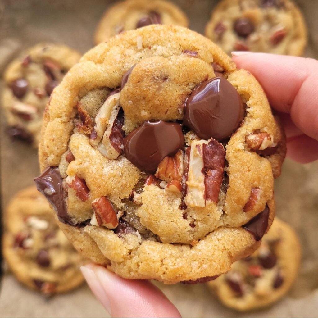 chocolate chip pecan cookies. close up view of a hand holding a large cookie topped with melty chocolate chips and chunks of pecans. 