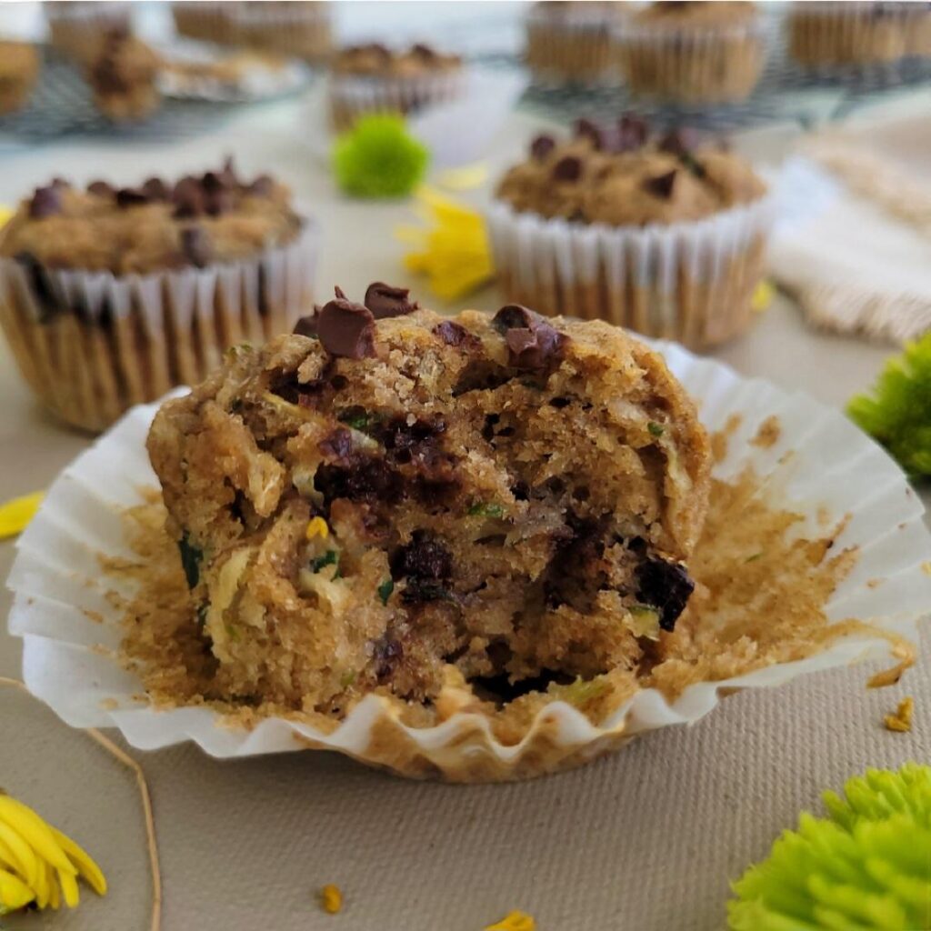 zucchini banana muffins. side view of a bitten muffin so you can see the inner crumb dotted with shredded zucchini and mini chocolate chips. 